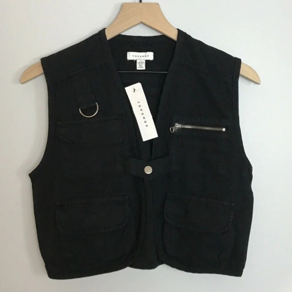 TopShop Short Fisherman Vest Black Gilet Cropped 4 - Picture 4 of 7